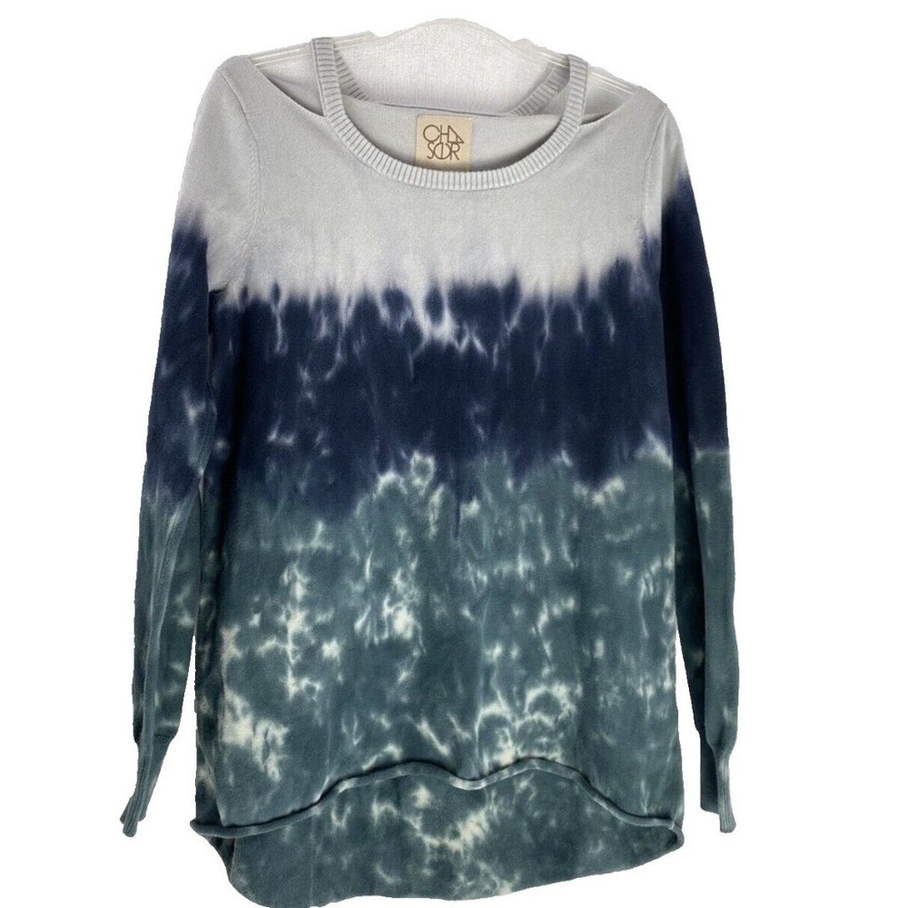 Chaser Dip Tie Dye Cold Shoulder Sweatshirt Long Sleeve Gray Green Blue M grunge